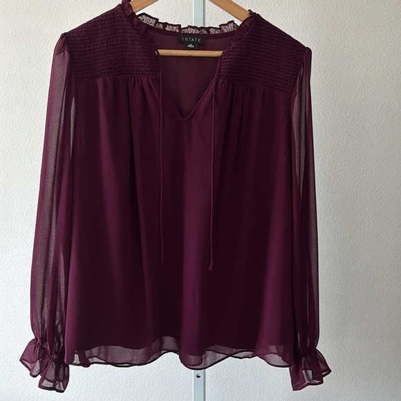 Smocked Blouse 1X Sheer Plum Ruffle Neck Tie Romantic Boho Dark Fairy Whimsigoth - Picture 2 of 10